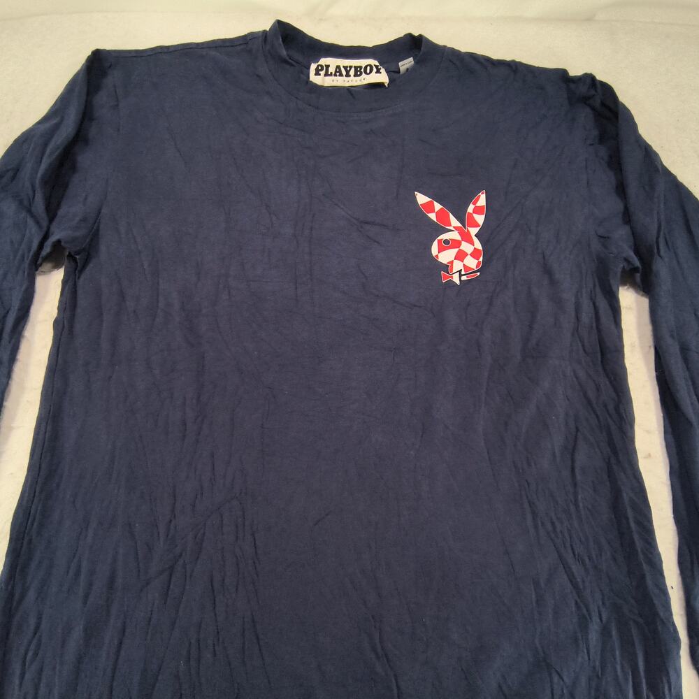 Playboy Graphic Casual Long Sleeve Crew Neck T Shirt Mens Size S Blue Red White